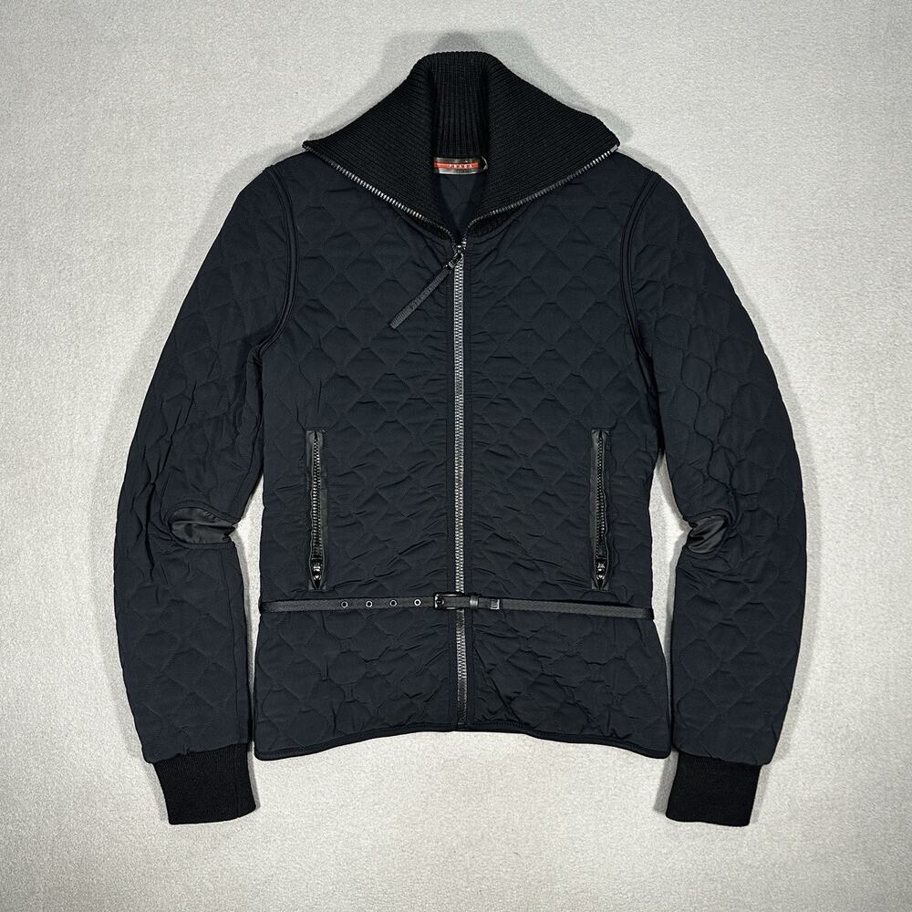 Vintage PRADA Women’s Black Quilted Zip Jacket Slim Belted Made In Italy
